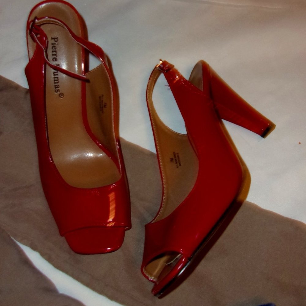 pierre dumas womans size 7 medium high casual dress heels seven shoes red shiny